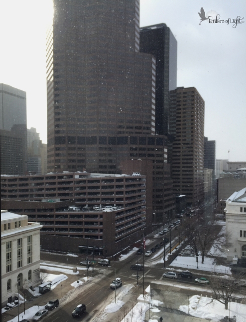 cold city, office buildings, snowy urban landscape