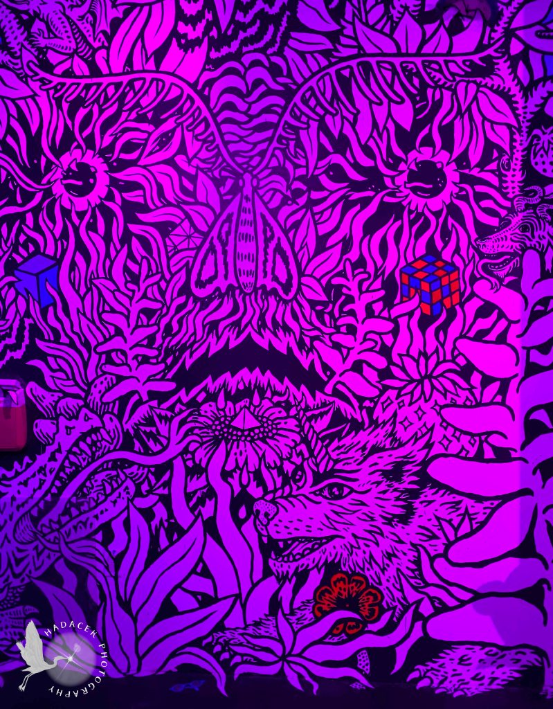 Artwork showing bright monochromatic figures on a dark background - a bit like a black-light poster. Here there is a small unicorn wolf in the lower right corner and various nature figures combine to make a large face.
