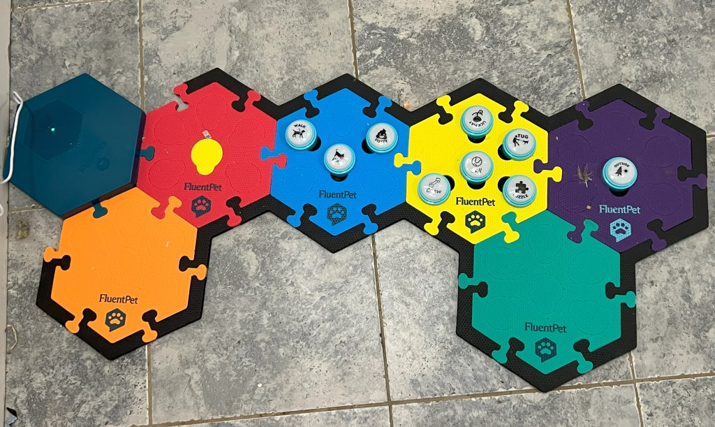 The Fluent Pet system of pet talking buttons is laid out on brightly colored foam tiles. Three of the tiles have buttons with pictures and words that show what word is spoken when pressed.